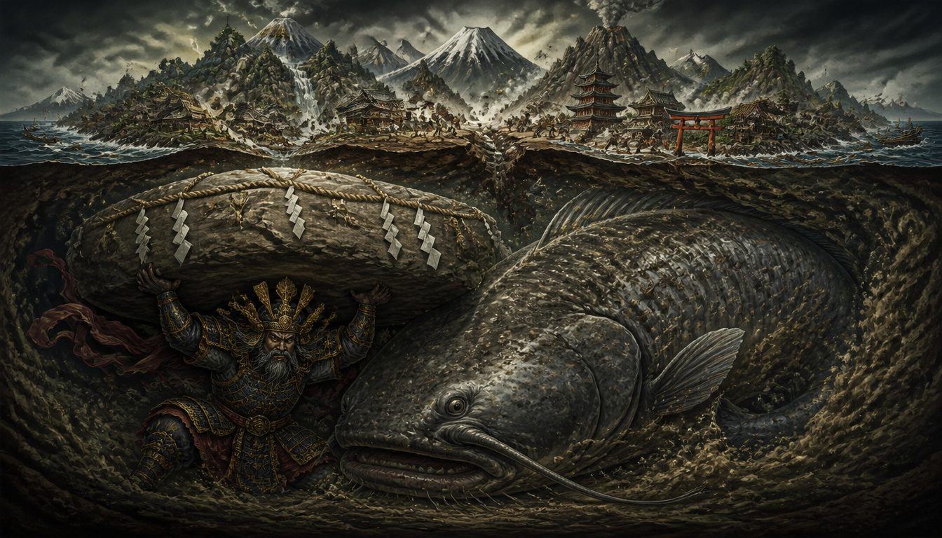 Namazu, the Japanese earthquake catfish: a giant catfish writhes underground beneath villages while an armoured god pins it with a sacred stone