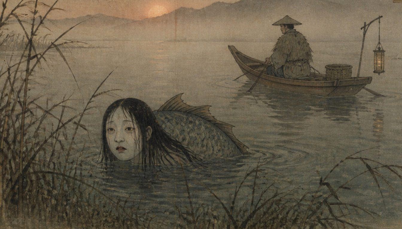 Ningyo, the Japanese mermaid: a pale long-haired woman with a scaly fish body surfaces near a fisherman's boat at dusk