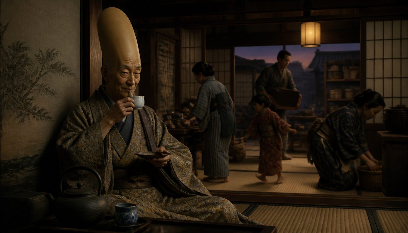 Nurarihyon, the Japanese yokai who slips into homes: an old man with a huge elongated head sips tea as the household works