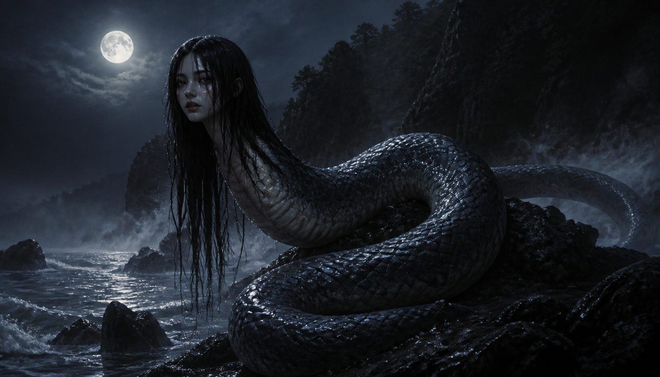 Nure-onna, the wet woman: a pale woman with long dripping black hair and a huge serpent body coils on moonlit seaside rocks
