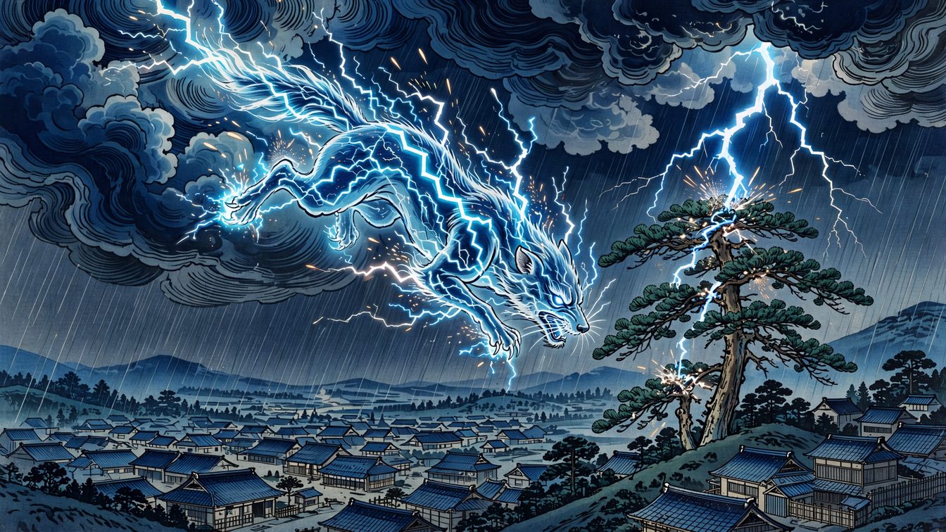 Raiju, the Japanese thunder beast: a wolf-like creature of crackling blue lightning leaps from storm clouds toward a pine above a village