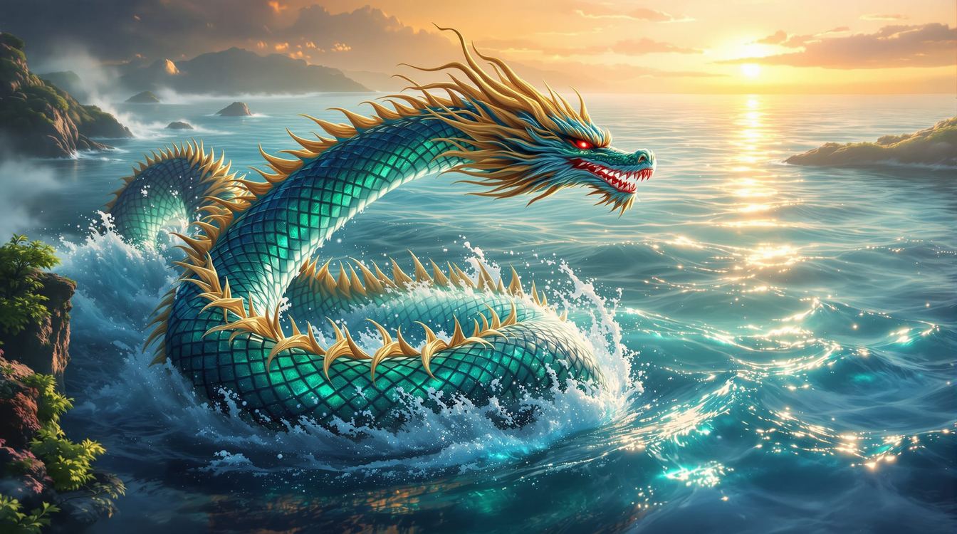Ryujin, the Japanese dragon god of the sea: a turquoise dragon with golden spines and red eyes coils through sunlit waves