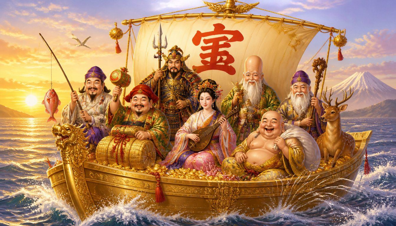 The Seven Lucky Gods (Shichifukujin) on their treasure ship: smiling deities with fish, mallet, lute and deer sail past Mount Fuji