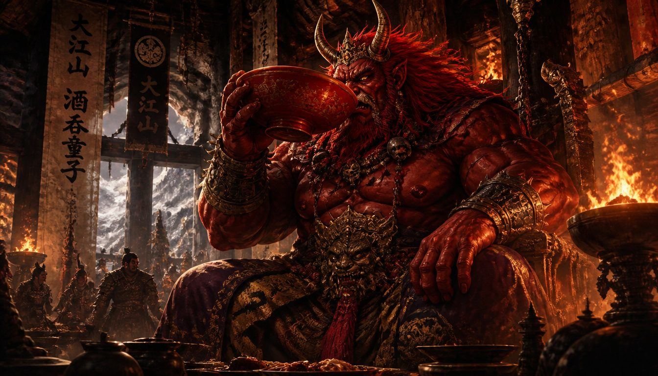 Shuten-doji, the oni king of Mount Ōe: a huge red-skinned horned demon drinks from a sake bowl on his throne amid flames