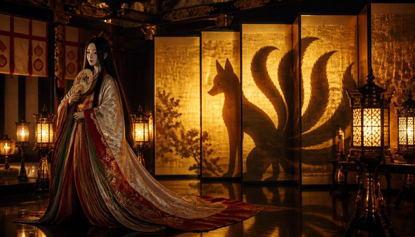 Tamamo-no-Mae, the nine-tailed fox courtesan: a woman in layered court robes holds a fan as a nine-tailed fox shadow fills gold screens