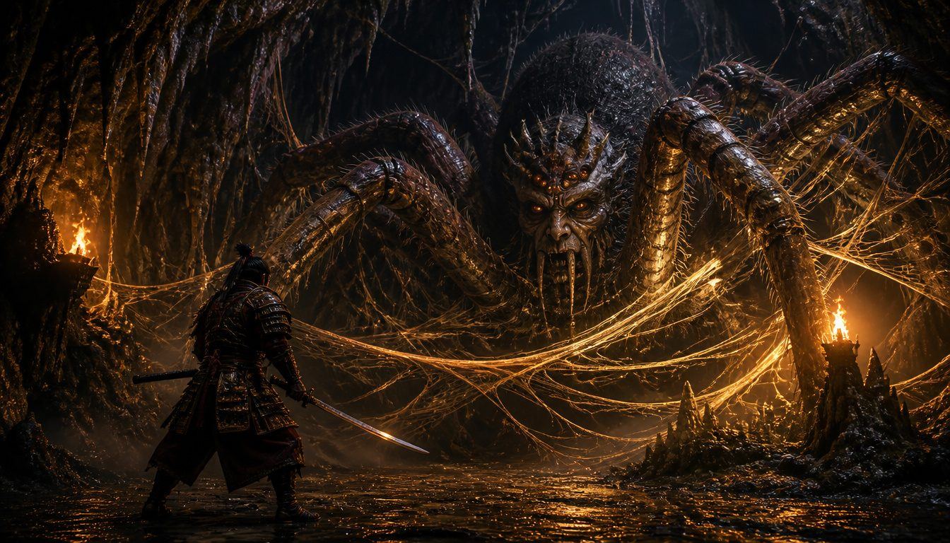 Tsuchigumo, the Japanese giant earth spider: a samurai with drawn katana faces a monstrous demon-faced spider in a torchlit, web-filled cave