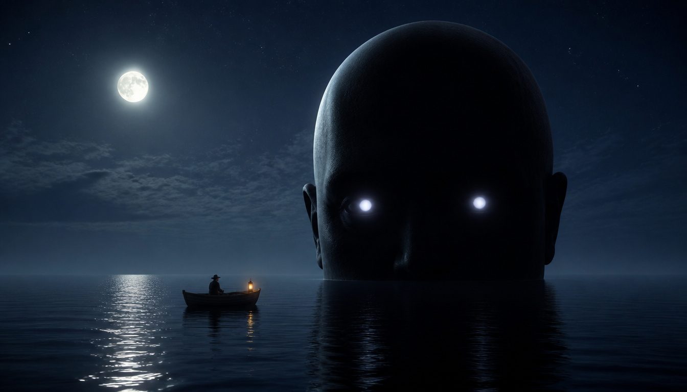 Umibozu, the Japanese sea monk: a colossal dark bald head with glowing eyes rises from a moonlit sea beside a small boat