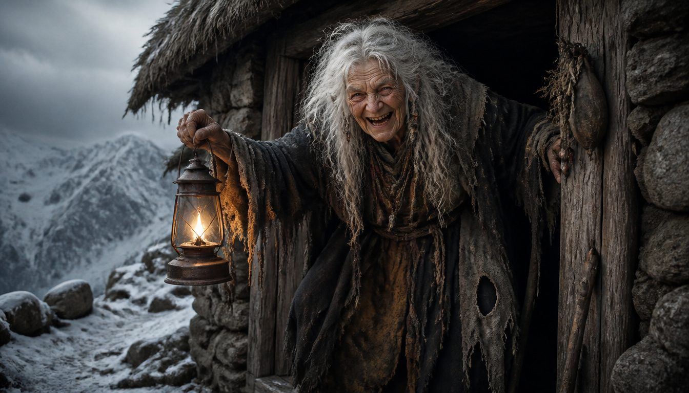 Yamauba, the Japanese mountain hag: a grinning wild-haired old woman in rags holds a lantern at a snowy mountain hut's door