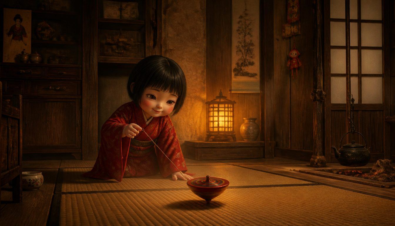 Zashiki-warashi, the Japanese house spirit child: a smiling girl in a red kimono spins a top on tatami in a lamplit room